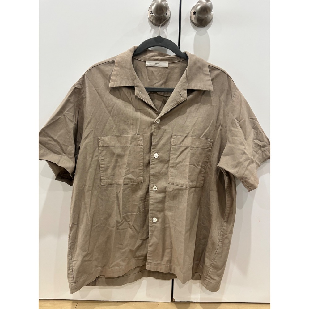 Smock Mens Short Sleeve Button Down Shirt Tan Khaki‎ Cotton Camp Collar Size M